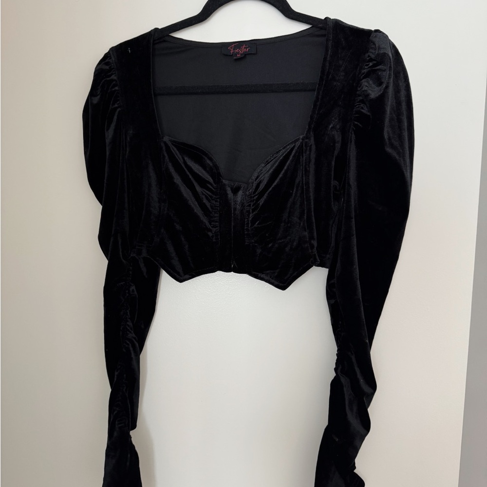 Black Ruched Crop Blouse Long Sleeve